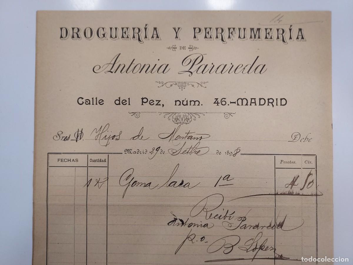 Facturas antiguas: FACTURA A&Ntilde;O 1898 MADRID DROGUERIA Y PERFUMERIA ANTONIA PARAREDA CALLE DEL PEZ. HIJOS DE MONTANO