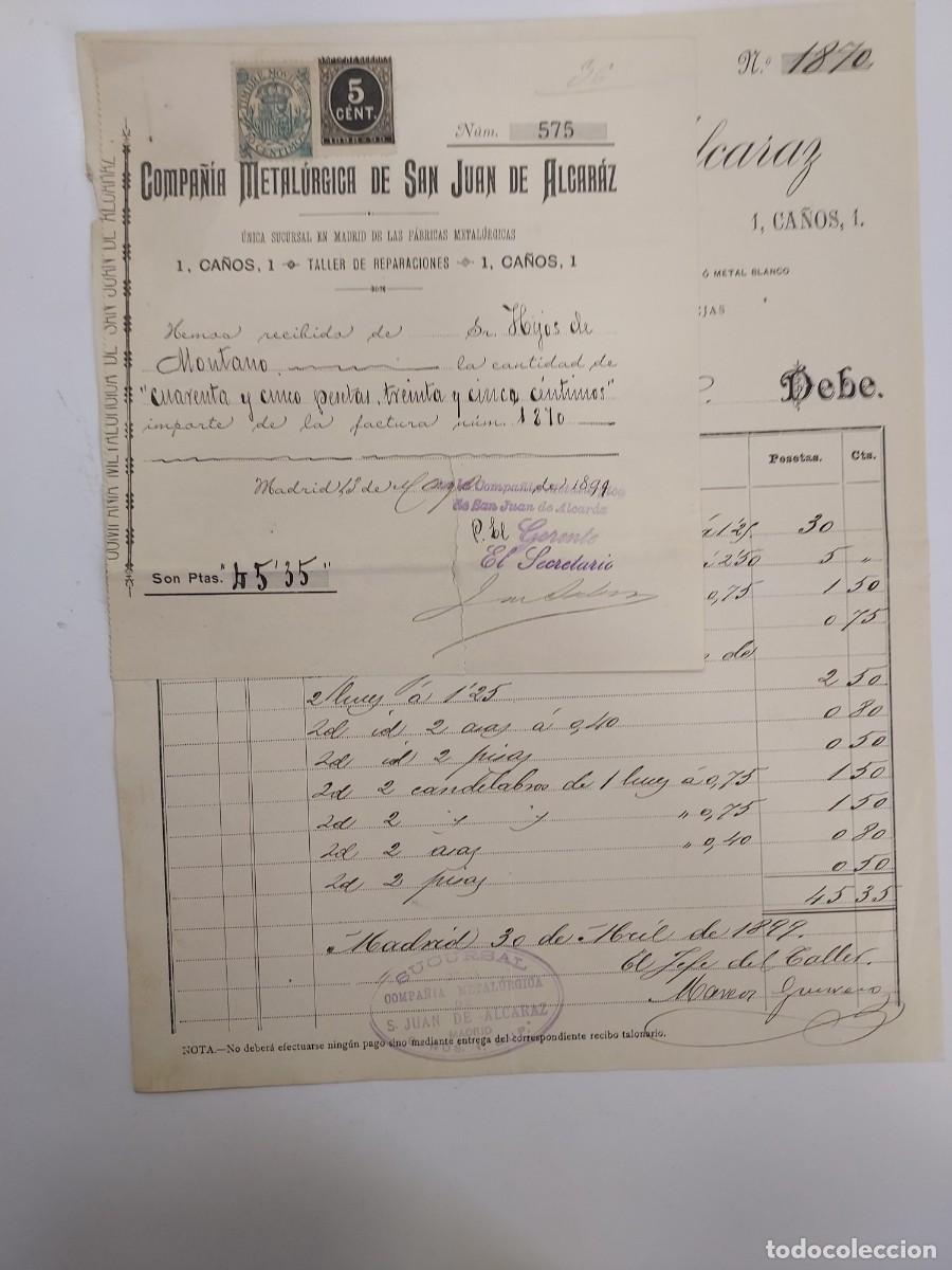 Facturas antiguas: FACTURA A&Ntilde;O 1899 MADRID COMPA&Ntilde;IA METALURGICA DE SAN JUAN DE ALCARAZ. HIJOS DE MONTANO