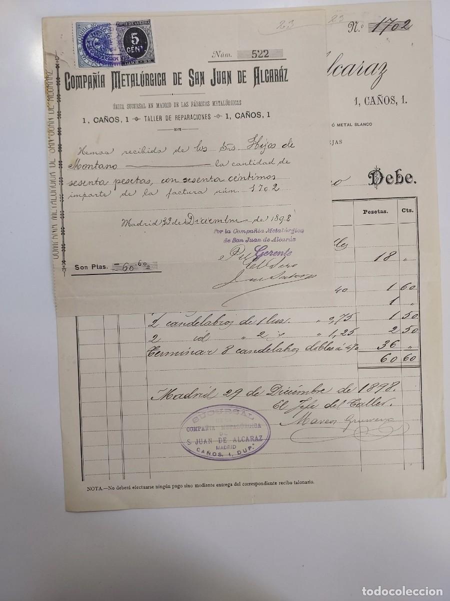 Facturas antiguas: FACTURA A&Ntilde;O 1898 MADRID COMPA&Ntilde;IA METALURGICA DE SAN JUAN DE ALCARAZ. HIJOS DE MONTANO