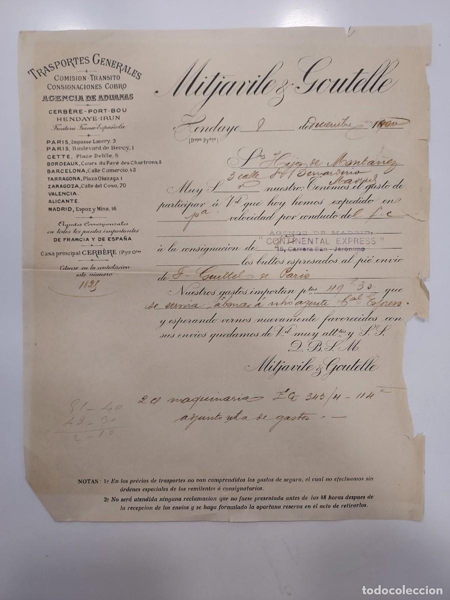 Facturas antiguas: FACTURA A&Ntilde;O 1900 HENDAYE MITJAVILE & GOUTELLE. HIJOS DE MONTANO. MADRID CONTINENTAL EXPRESS