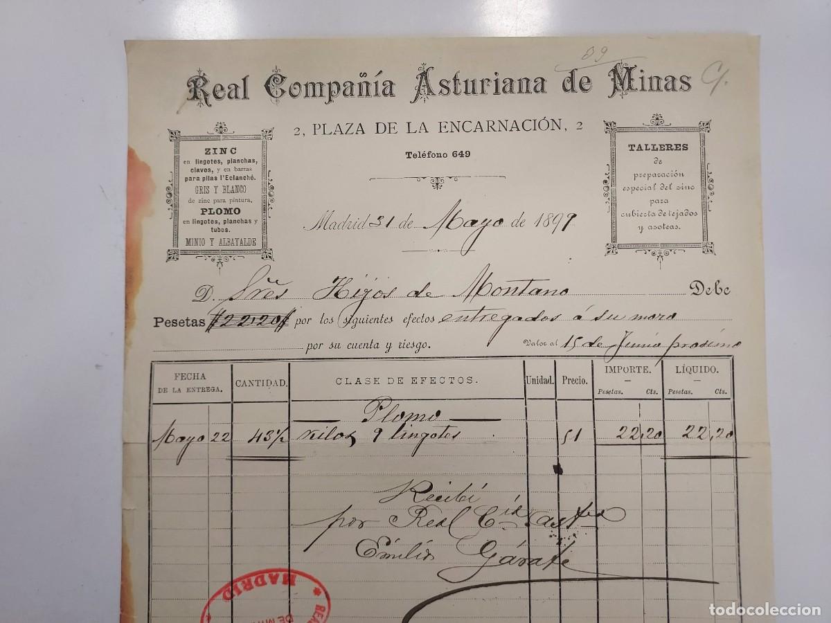 Facturas antiguas: FACTURA A&Ntilde;O 1899 MADRID REAL COMPA&Ntilde;IA ASTURIANA DE MINAS. HIJOS DE MONTANO