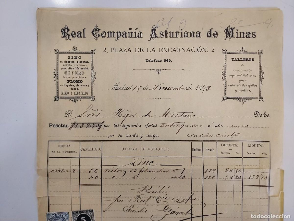 Facturas antiguas: FACTURA A&Ntilde;O 1898 MADRID REAL COMPA&Ntilde;IA ASTURIANA DE MINAS. HIJOS DE MONTANO