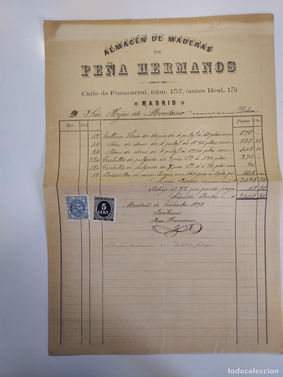 Facturas antiguas: FACTURAS 2 A&Ntilde;O 1898 MADRID ALMACEN DE MADERAS DE PE&Ntilde;A HERMANOS, FUENCARRAL 157. HIJOS DE MONTANO