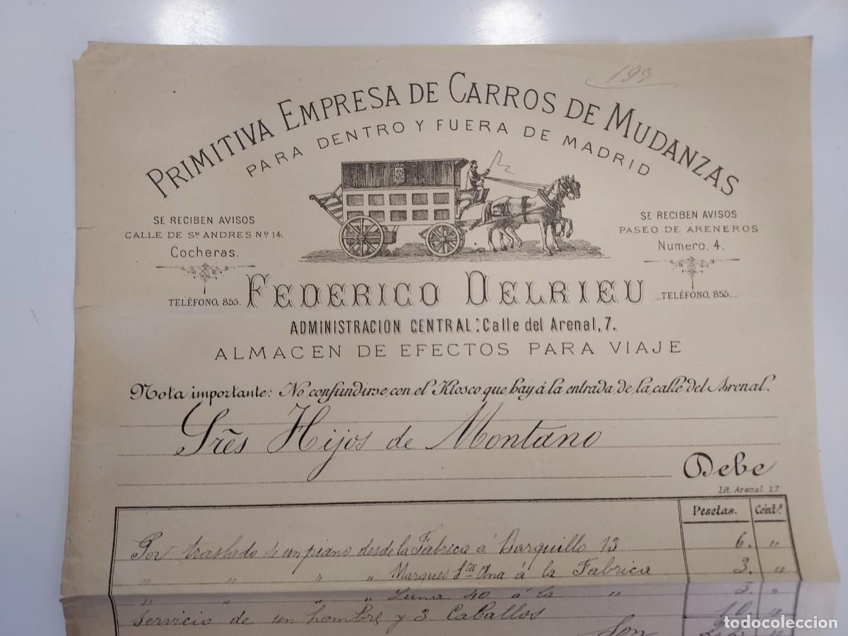 Facturas antiguas: FACTURA A&Ntilde;O 1898 MADRID PRIMITIVA EMPRESA CARROS DE MUDANZAS FEDERICO DELRIEU. HIJOS DE MONTANO