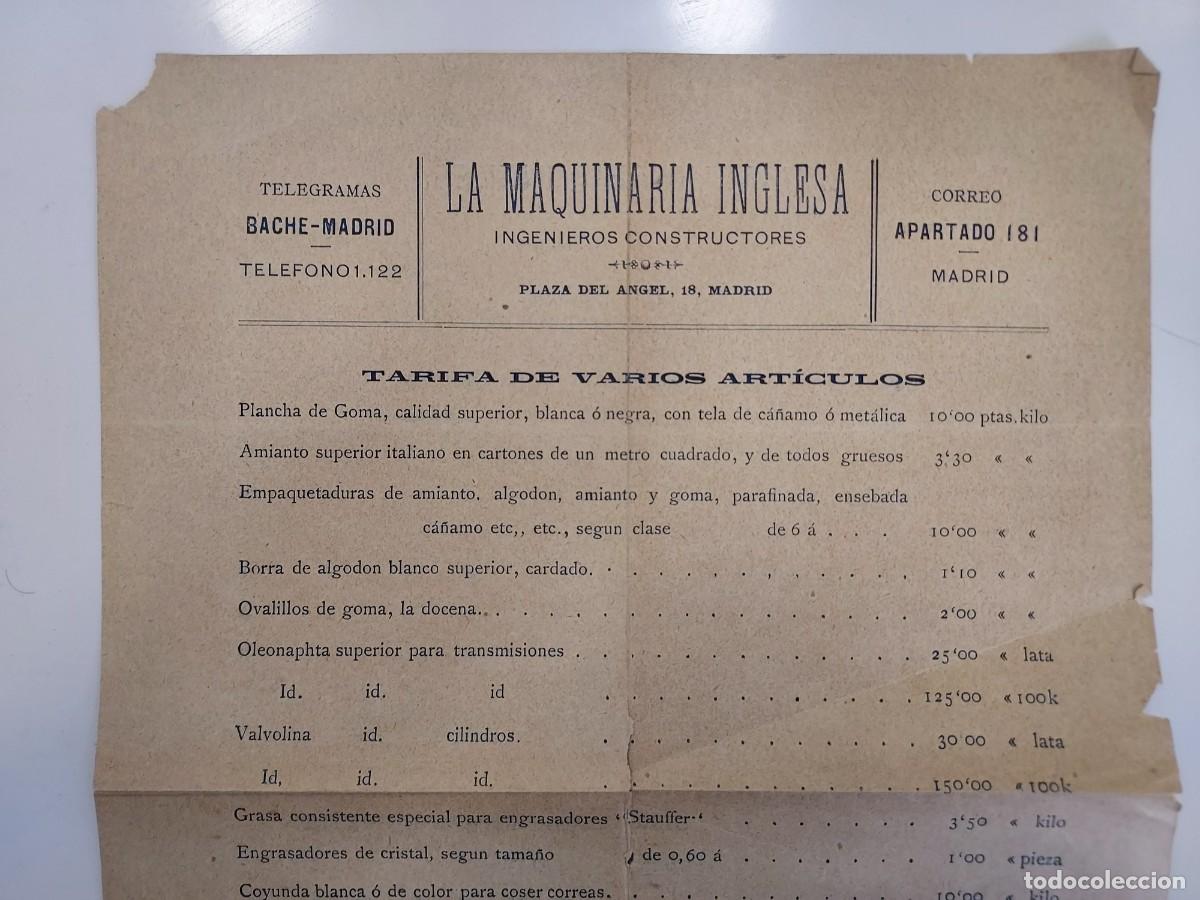 Facturas antiguas: LA MAQUINARIA INGLESA INGENIEROS CONSTRUCTORES. MADRID CALLE DEL ANGEL. TARIFAS ARTICULOS. CA 1898