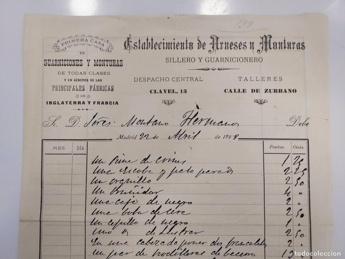 Facturas antiguas: FACTURA A&Ntilde;O 1898 MADRID ESTABLECIMIENTO DE ARNESES MONTURAS SILLERO GUARNICIONERO. MONTANO HERMANOS