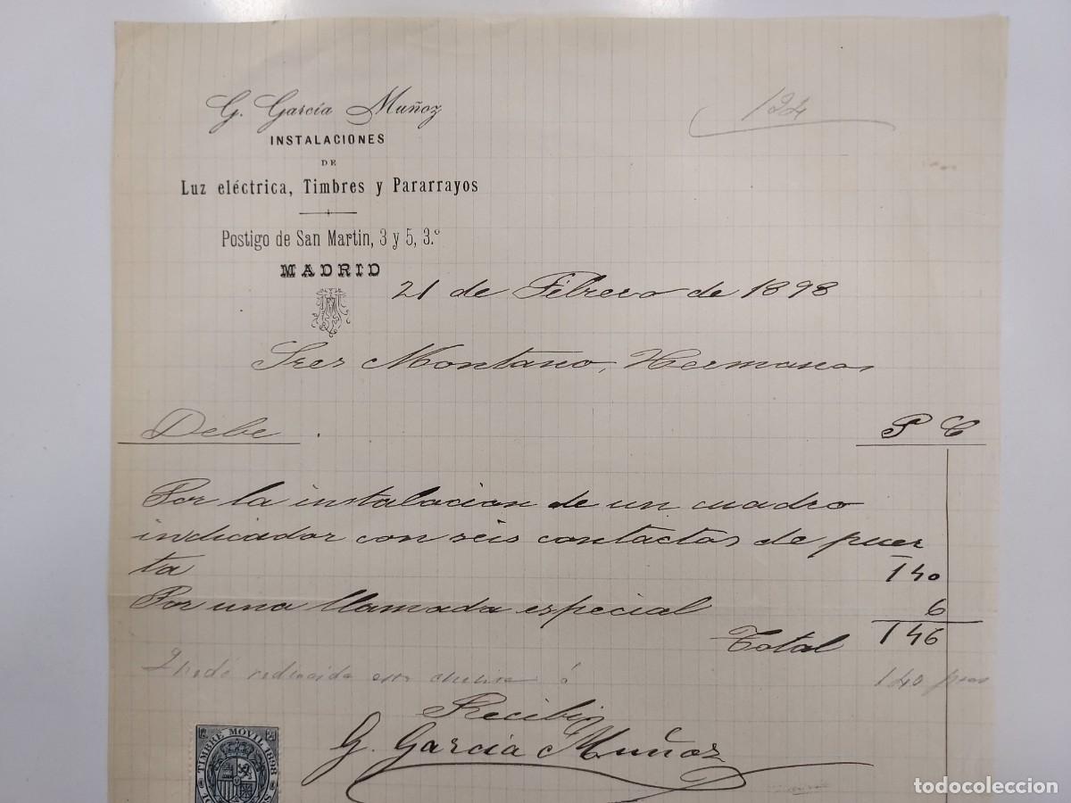 Facturas antiguas: FACTURA A&Ntilde;O 1898 MADRID GARCIA MU&Ntilde;OZ INSTALACIONES LUZ ELECTRICA PARARRAYOS TIMBRE. MONTANO HERMANOS