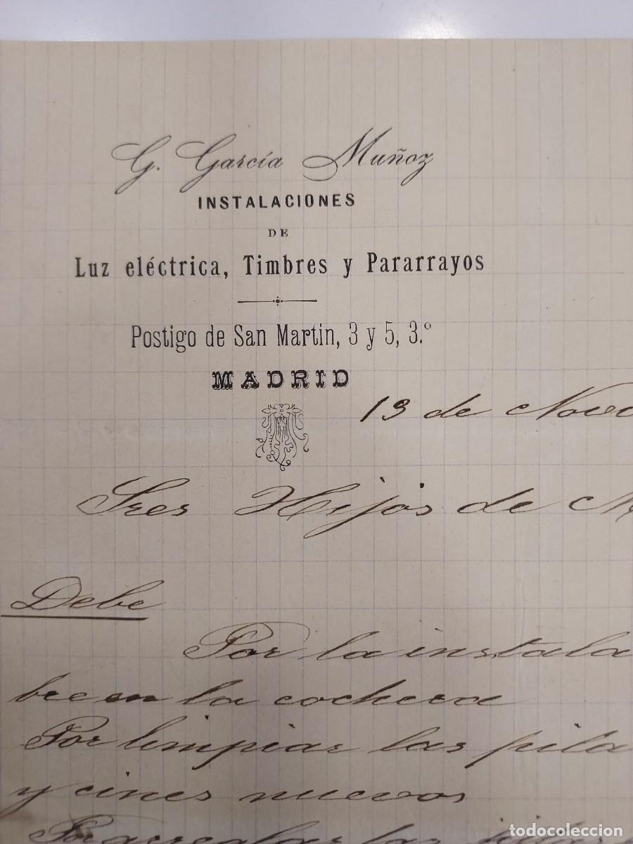 Facturas antiguas: FACTURA A&Ntilde;O 1899 MADRID GARCIA MU&Ntilde;OZ INSTALACIONES LUZ ELECTRICA PARARRAYOS TIMBRE. MONTANO HERMANOS