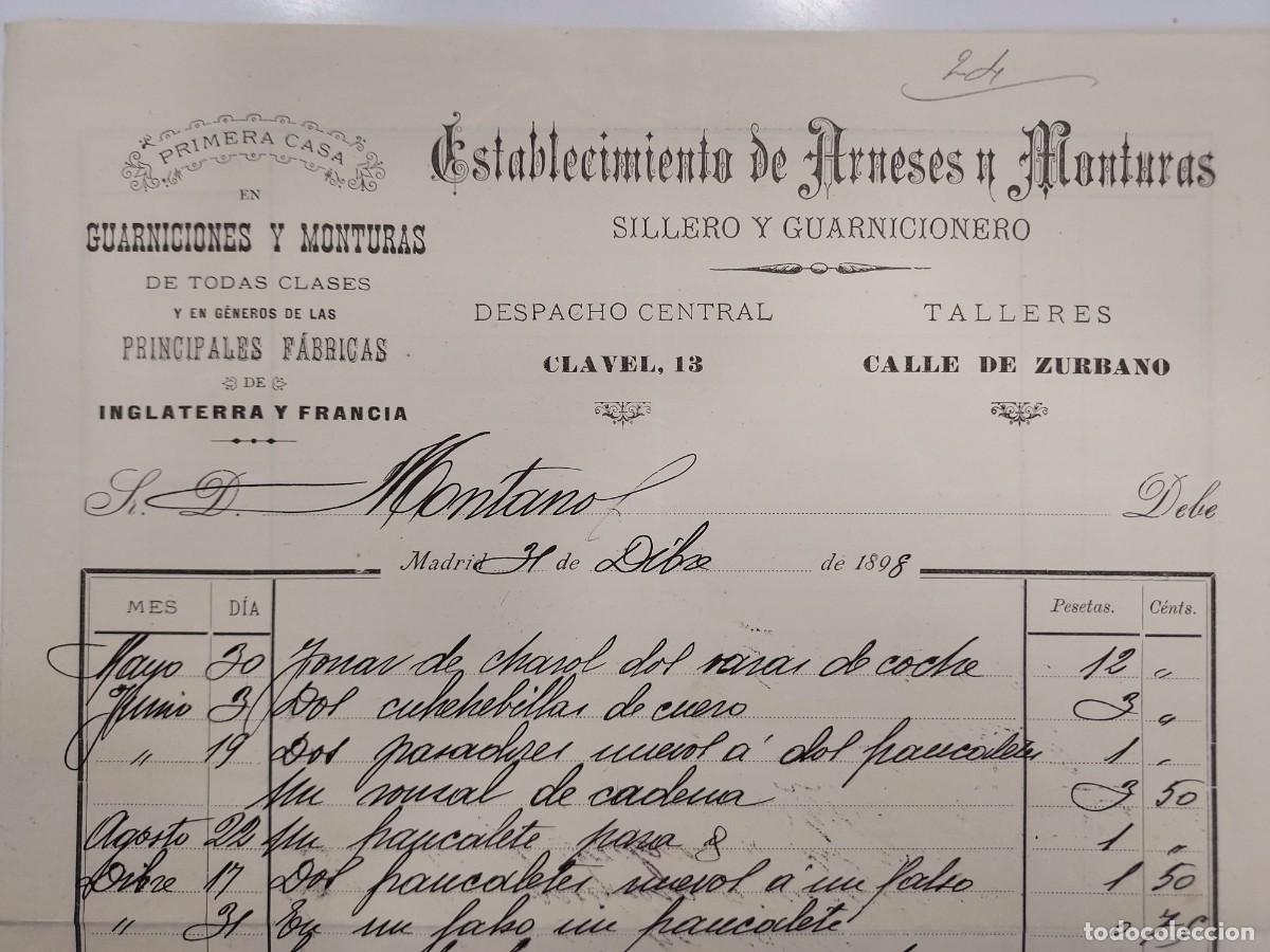 Facturas antiguas: FACTURA A&Ntilde;O 1898 MADRID ESTABLECIMIENTO DE ARNESES MONTURAS SILLERO GUARNICIONERO. MONTANO HERMANOS