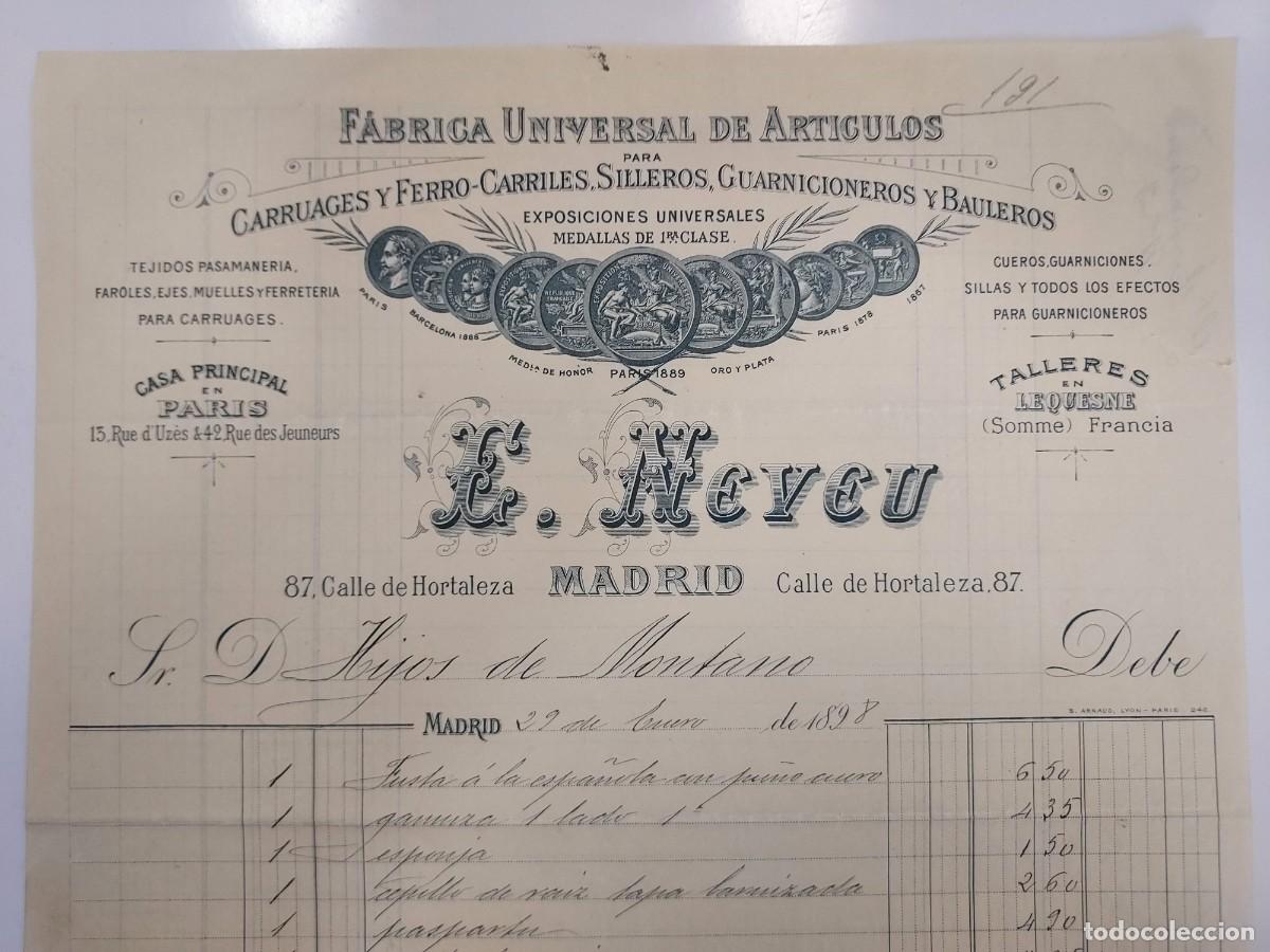 Facturas antiguas: FACTURA A&Ntilde;O 1898 MADRID E. NEVEU FABRICA UNIVERSAL DE ARTICULOS CARRUAGES FERRO-CARRILES. MONTANO