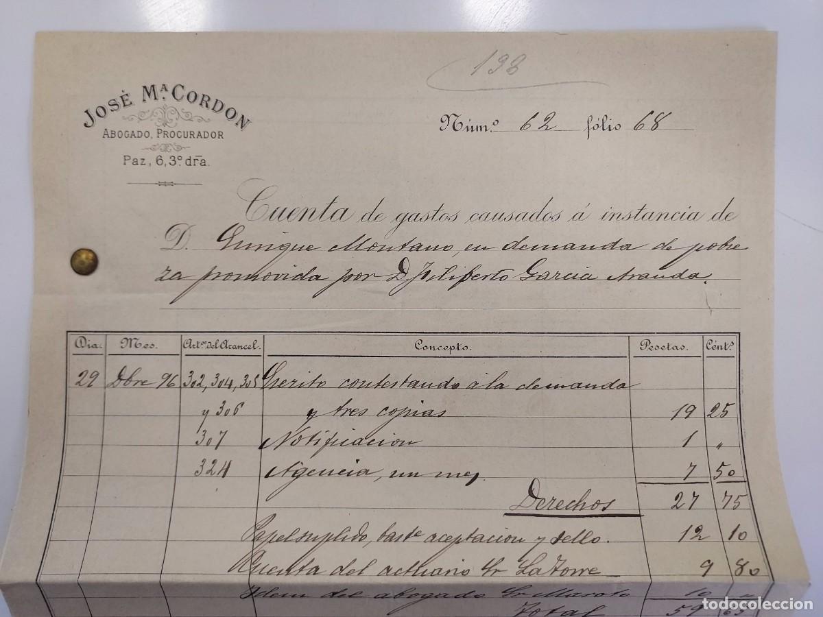 Facturas antiguas: FACTURA A&Ntilde;O 1898 MADRID JOSE M&ordf; CORDON ABOGADO PROCURADOR. ENRIQUE MONTANO