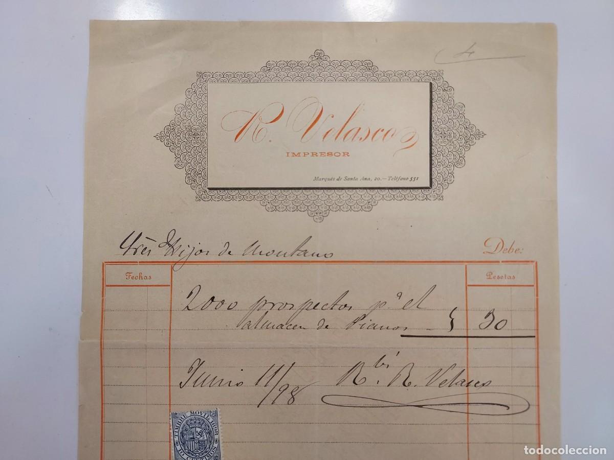 Facturas antiguas: FACTURA A&Ntilde;O 1898 MADRID R. VELASCO IMPRESOR, MARQUES DE SANTA ANA. HIJOS MONTANO. (IMPRENTA)