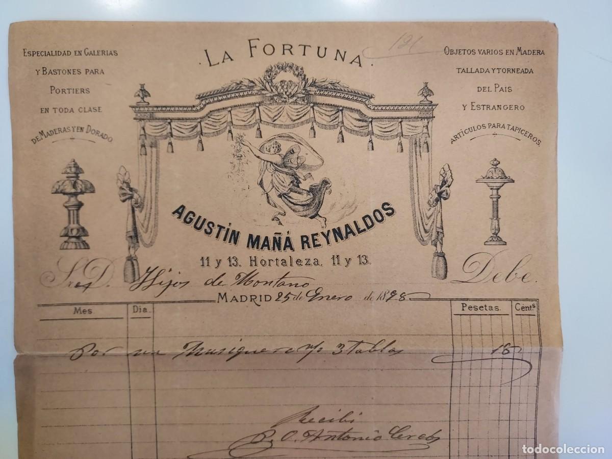 Facturas antiguas: FACTURA A&Ntilde;O 1898 MADRID LA FORTUNA AGUSTIN MA&Ntilde;A REYNALDOS, MADERAS. HIJOS MONTANO