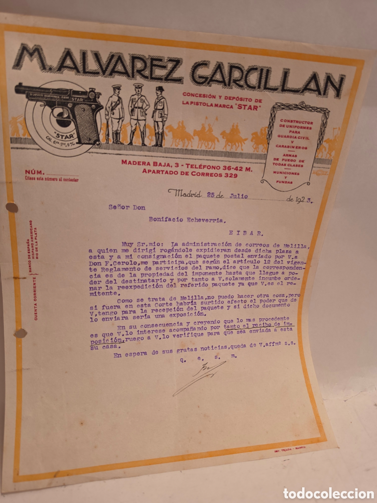 Facturas antiguas: M. ALVAREZ GARCILLAN. PROVEEDOR GUARDIA CIVIL, CARAVINEROS. DEPOSITO ARMAS DE FUEGO. MADRID 192.