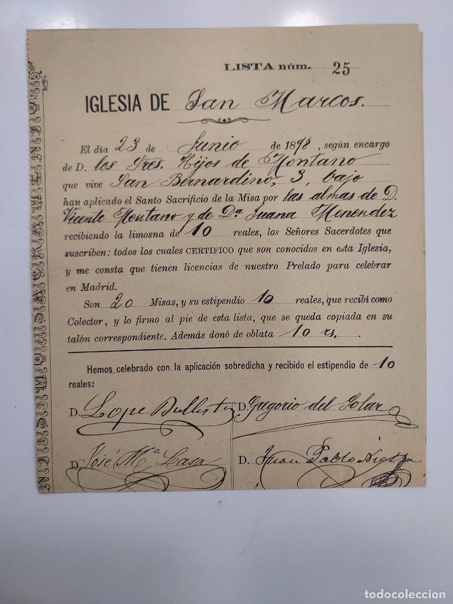 Facturas antiguas: FACTURA A&Ntilde;O 1898. MADRID IGLESIA DE SAN MARCOS ENCARGO 20 MISAS HIJOS DE MONTANO