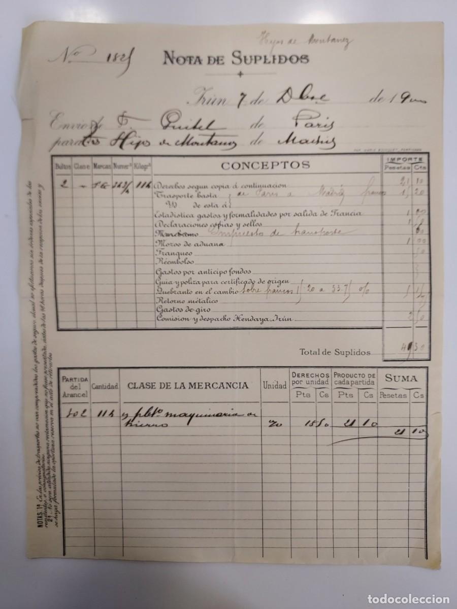 Facturas antiguas: FACTURA A&Ntilde;O 1900. IRUN NOTA DE SUPLIDOS (TRANSPORTE PARIS MADRID ADUANA). HIJOS DE MONTANO