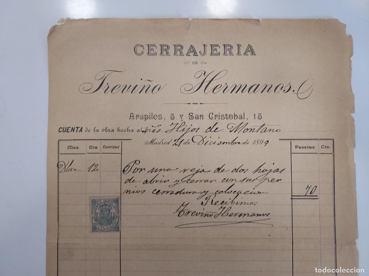 Facturas antiguas: FACTURA A&Ntilde;O 1899. MADRID ARAPILES, SAN CRISTOBAL, CERRAJERIA DE TREVI&Ntilde;O HERMANOS. HIJOS DE MONTANO