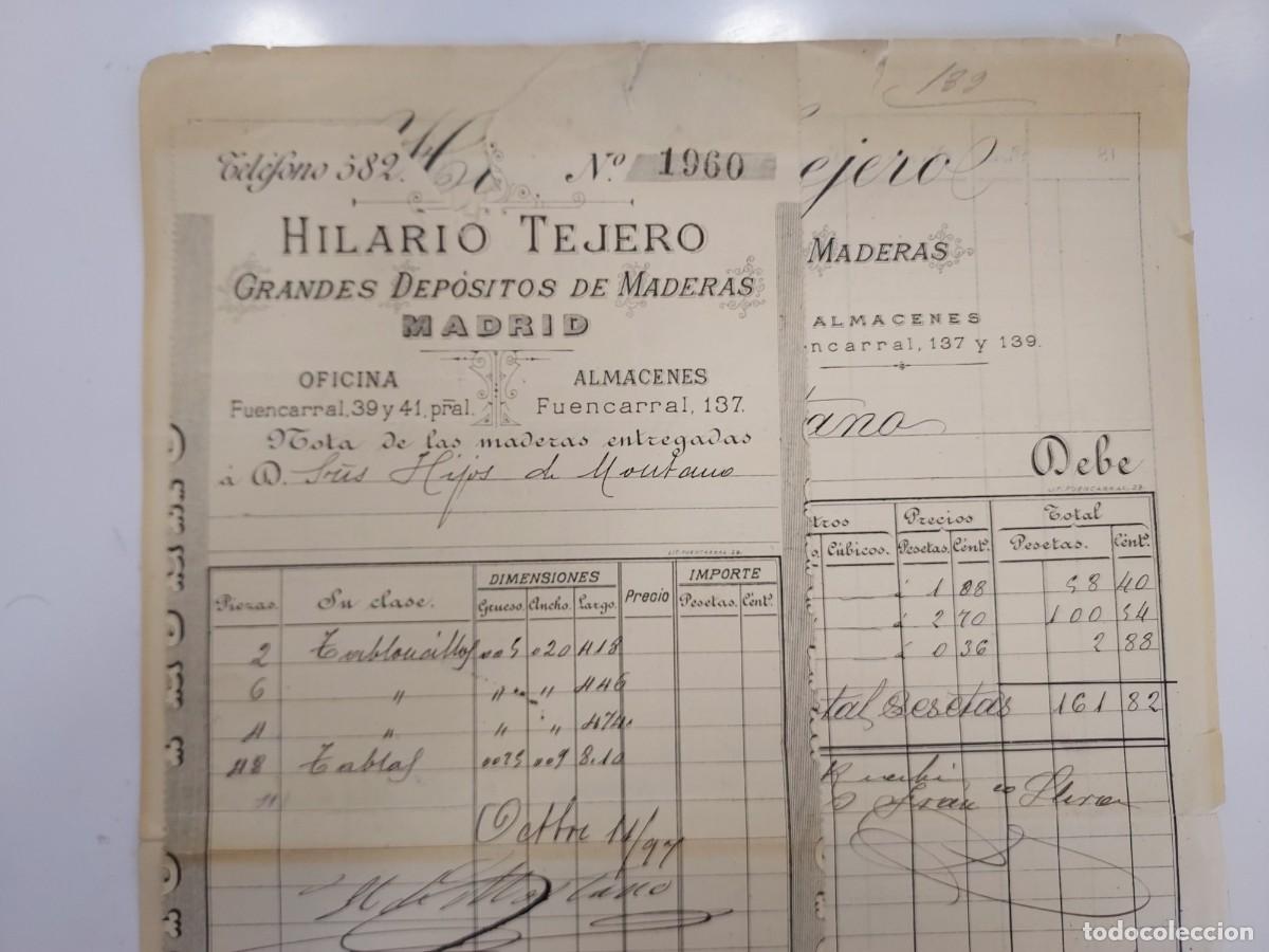 Facturas antiguas: FACTURA A&Ntilde;O 1897 MADRID. HILARIO TEJERO GRANDES DEPOSITOS MADERA, FUENCARRAL. HIJOS DE MONTANO
