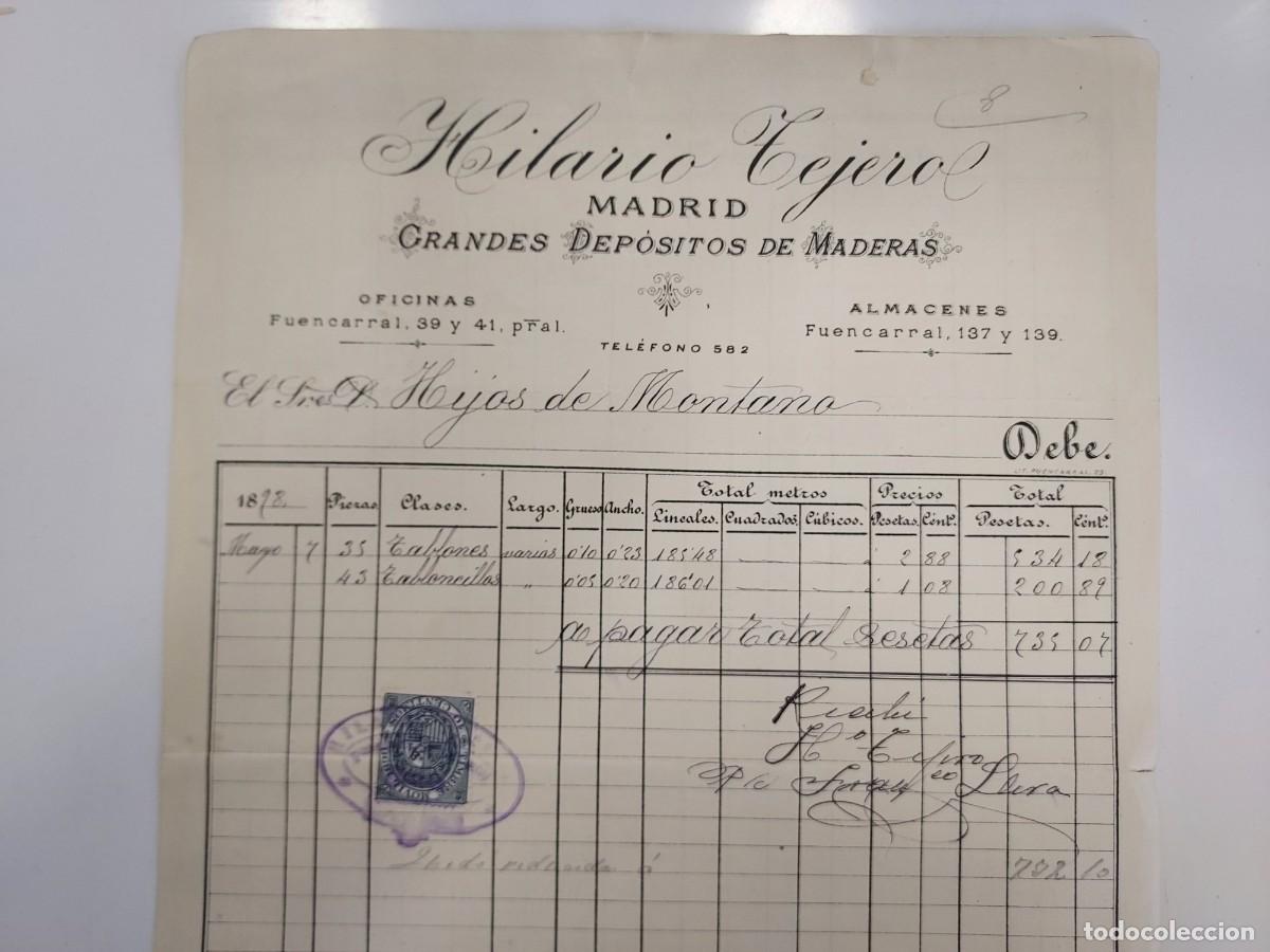 Facturas antiguas: FACTURA A&Ntilde;O 1898 MADRID. HILARIO TEJERO GRANDES DEPOSITOS MADERA, FUENCARRAL. HIJOS DE MONTANO