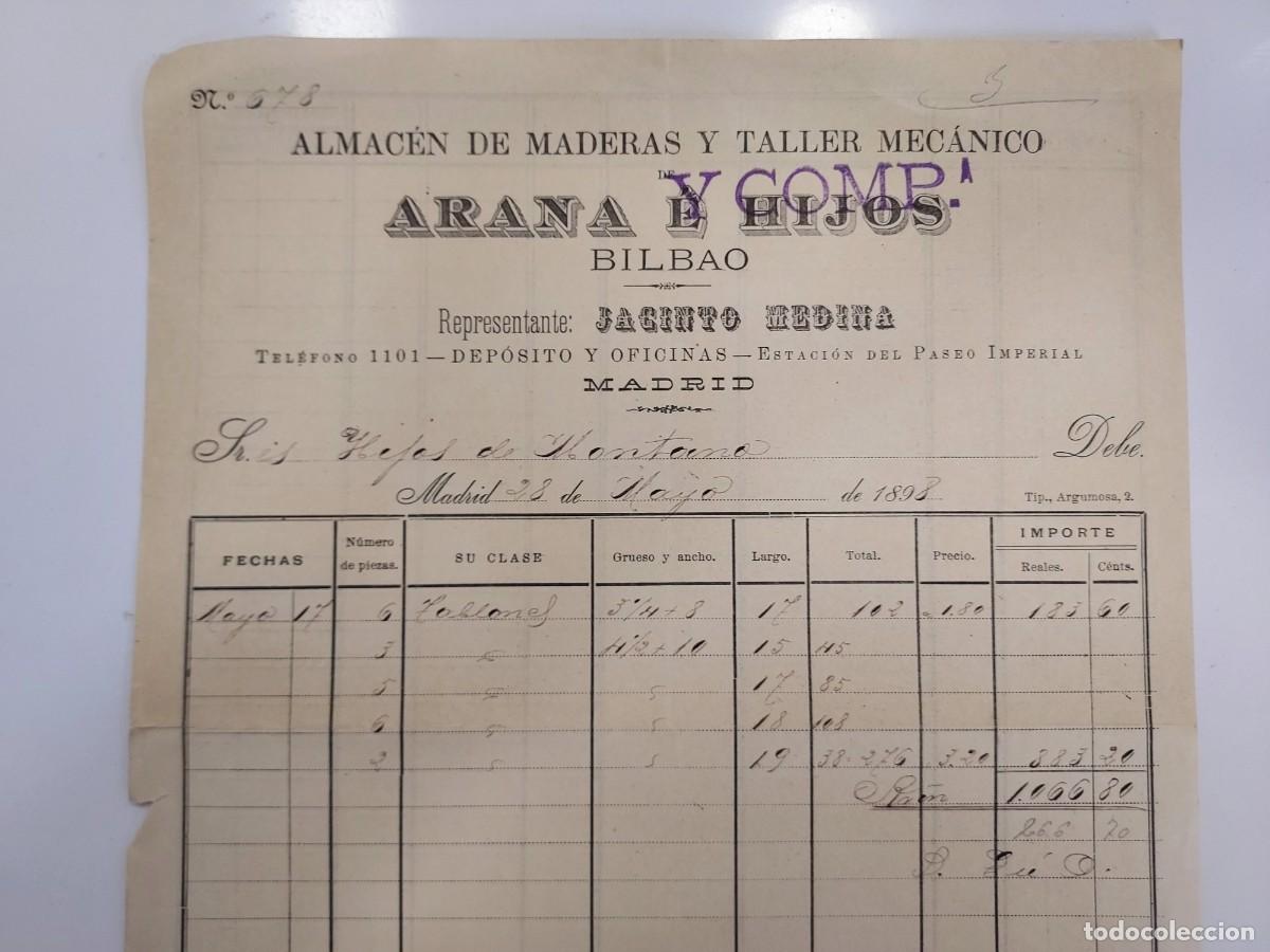Facturas antiguas: FACTURA A&Ntilde;O 1898 MADRID. ARANA Y COMP ALMACEN MADERAS TALLER MECANICO, BILBAO. HIJOS DE MONTANO