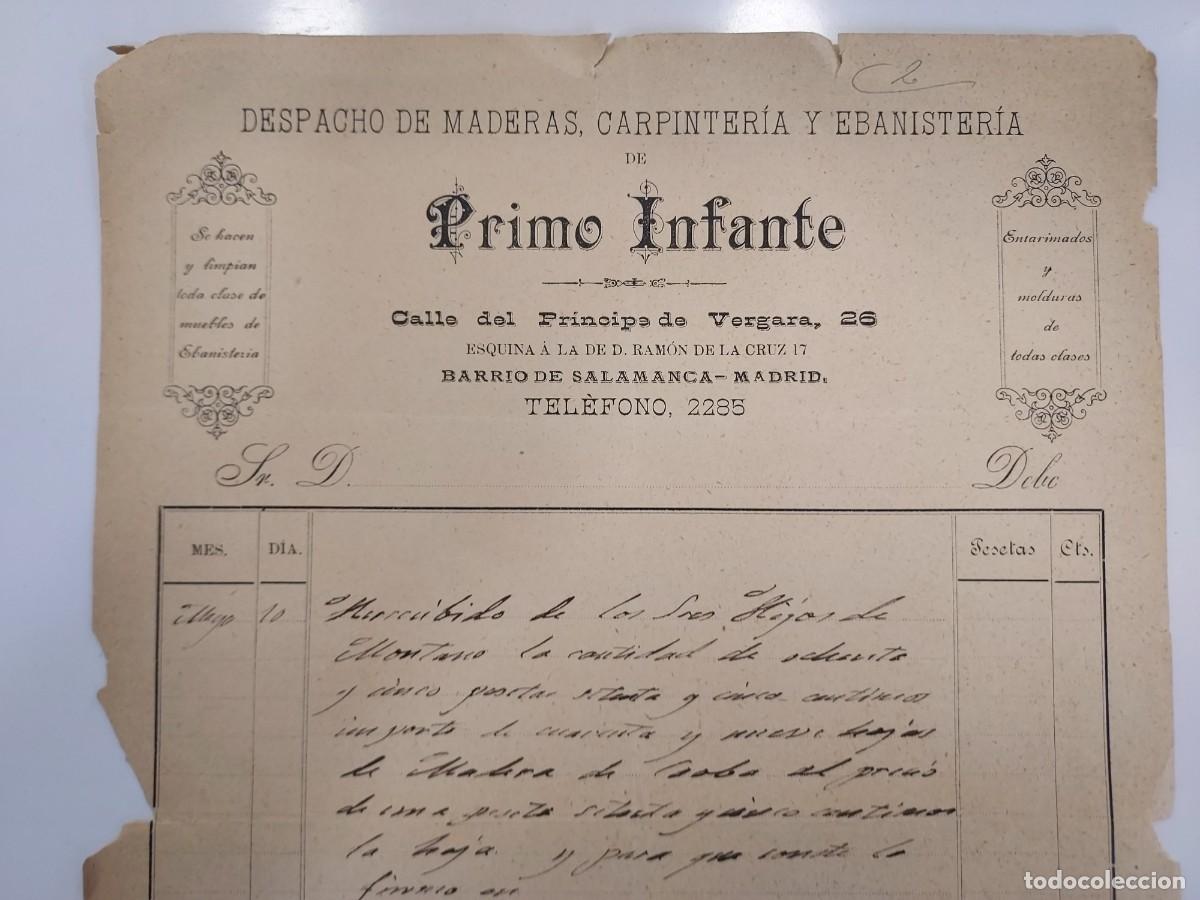 Facturas antiguas: FACTURA A&Ntilde;O 1898 MADRID. PRIMO INFANTE MADERAS CARPINTERIA PRINCIPE VERGARA. HIJOS DE MONTANO