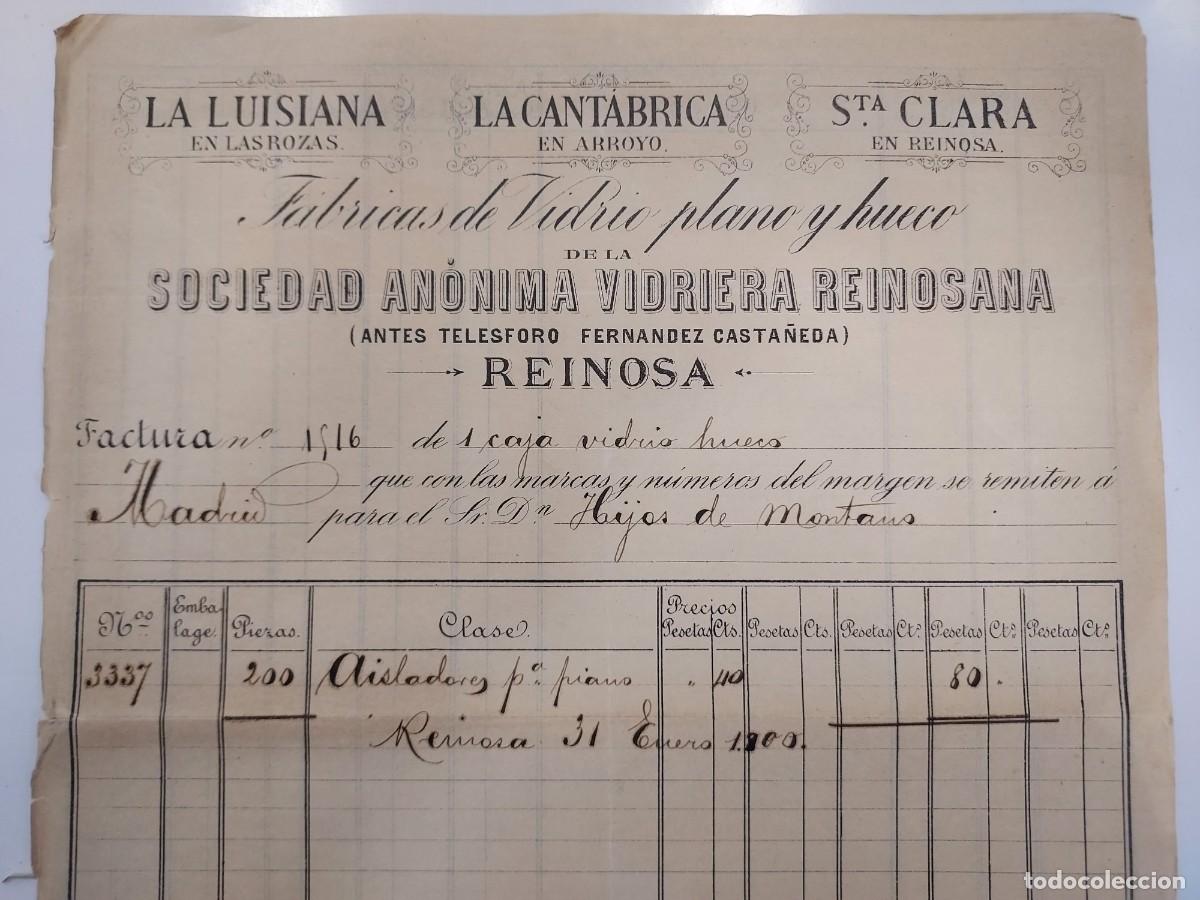 Facturas antiguas: FACTURA A&Ntilde;O 1900 REINOSA CANTABRIA. SOCIEDAD VIDRIERA REINOSANA. HIJOS DE MONTANO