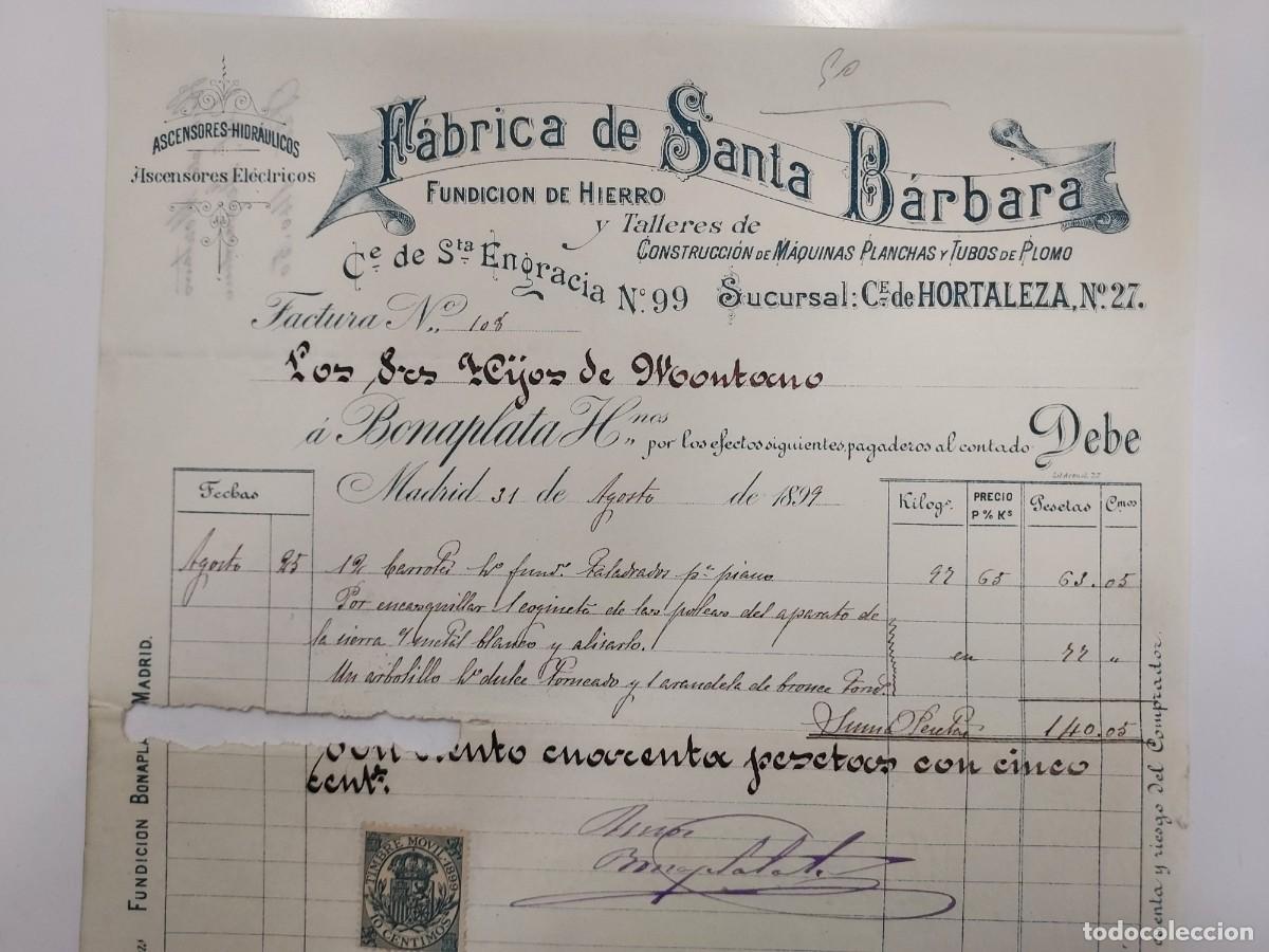 Facturas antiguas: FACTURA A&Ntilde;O 1899 MADRID. FABRICA DE SANTA BARBARA FUNDICION HIERRO, SANTA ENGRACIA. HIJOS DE MONTANO