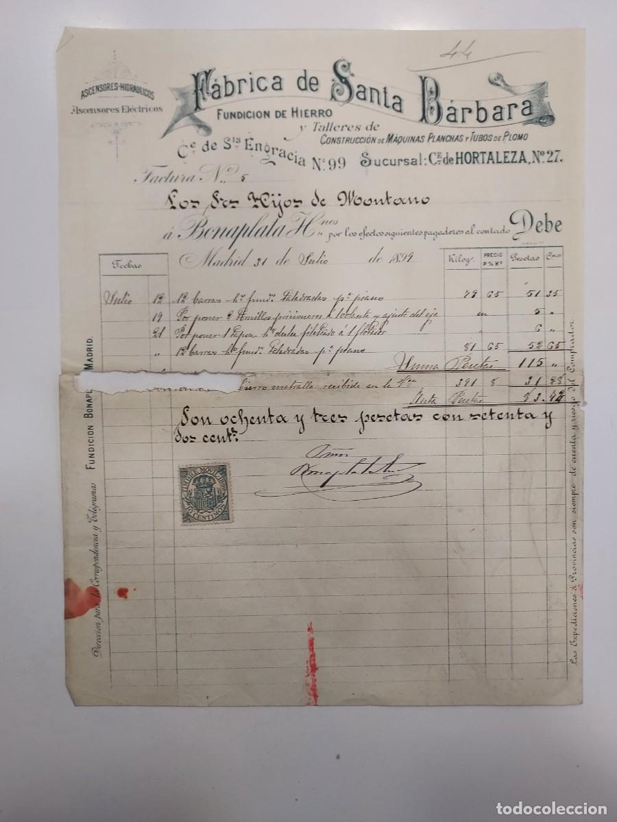 Facturas antiguas: FACTURA A&Ntilde;O 1899 MADRID. FABRICA DE SANTA BARBARA FUNDICION HIERRO, SANTA ENGRACIA. HIJOS DE MONTANO