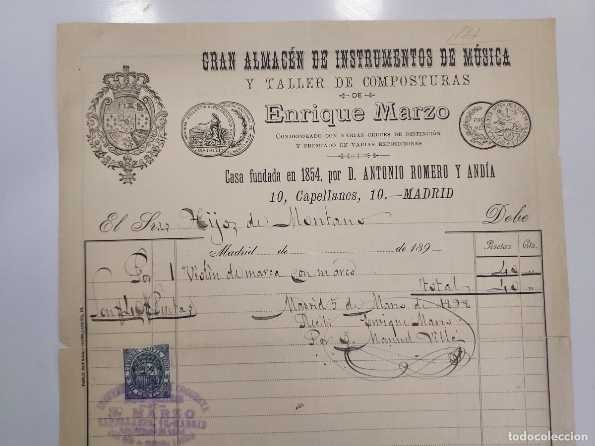 Facturas antiguas: FACTURA A&Ntilde;O 1898 MADRID. ENRIQUE MARZO ALMACEN INSTRUMENTOS MUSICA TALLER. VIOLIN. HIJOS DE MONTANO