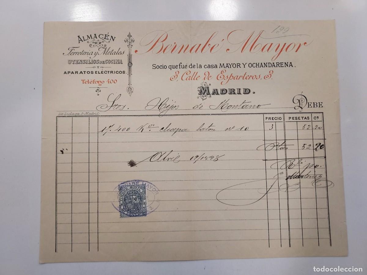 Facturas antiguas: FACTURA A&Ntilde;O 1898 MADRID. BERNABE MAYOR FERRETERIA METALES, CALLE ESPARTEROS. HIJOS DE MONTANO