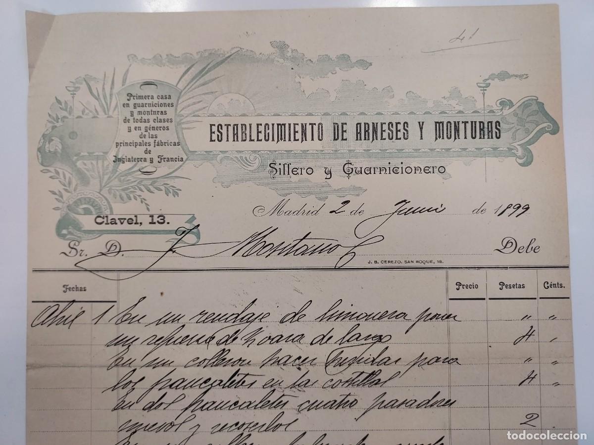 Facturas antiguas: FACTURA A&Ntilde;O 1899 MADRID. ESTABLECIMIENTO DE ARNESES MONTURAS SILLERO GUARNICIONERO. HIJOS DE MONTANO