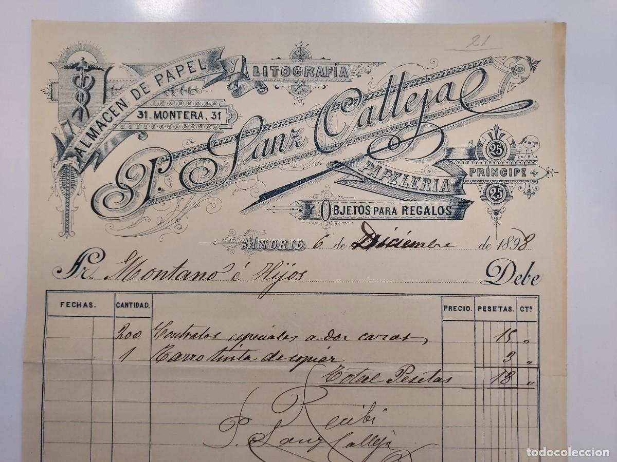 Fatture antiche: FACTURA A&Ntilde;O 1898 MADRID. ALMACEN DE PAPEL LITOGRAFIA P. SANZ CALLEJA, FIRMADA. MONTANO HIJOS
