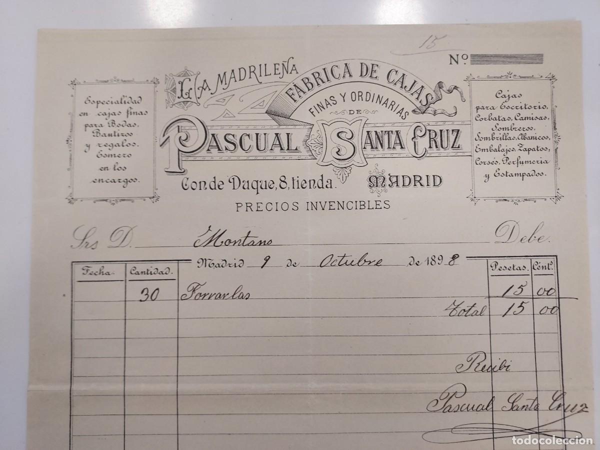 Facturas antiguas: FACTURA A&Ntilde;O 1898 MADRID. PASCUAL SANTA CRUZ LA MADRILE&Ntilde;A FABRICA DE CAJAS CONDE DUQUE. MONTANO