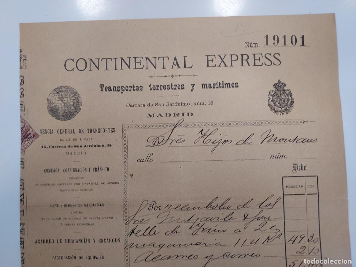 Fatture antiche: FACTURA A&Ntilde;O 1900 MADRID. CONTINENTAL EXPRESS TRANSPORTES TERRESTRES Y MARITIMOS. HIJOS MONTANO