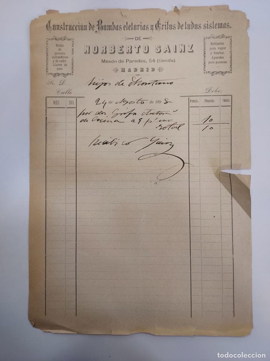 Facturas antiguas: FACTURA A&Ntilde;O 1898 MADRID NORBERTO SAINZ CONSTRUCCION BOMBAS GRIFOS MESON DE PAREDES. HIJOS MONTANO