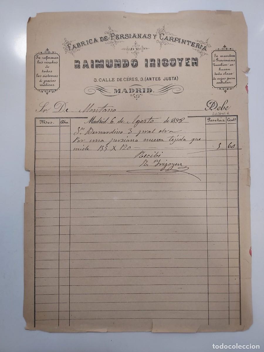 Facturas antiguas: FACTURA A&Ntilde;O 1898 MADRID RAIMUNDO IRIGOYEN FABRICA DE PERSIANAS CARPINTERIA CALLE CERES. MONTANO