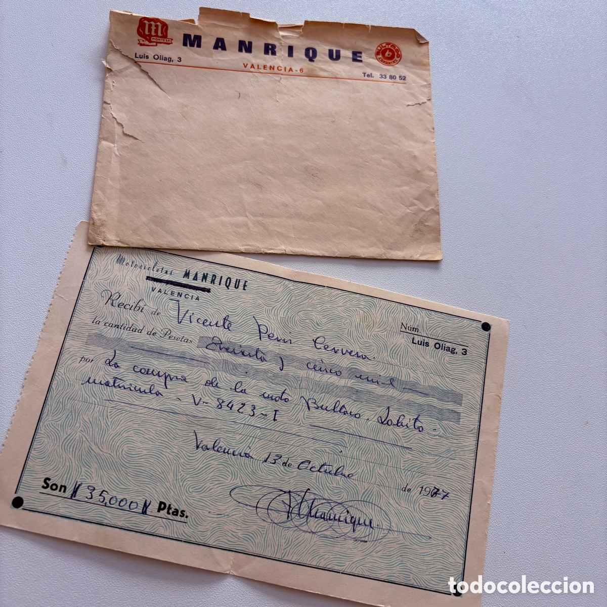 Facturas antiguas: SOBRE Y RECIBI/FACTURA MOTOCICLETAS MANRIQUE VALENCIA BULTACO LOBITO 1977