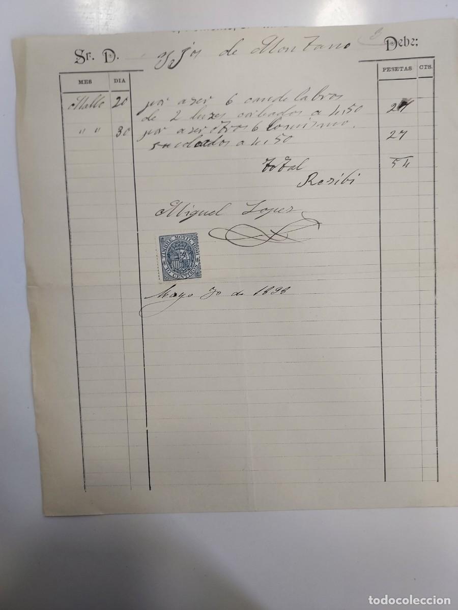 Facturas antiguas: A&ntilde;o 1898 factura recibo pago Hijos de Montano a Miguel L&oacute;pez, firmada. Candelabros