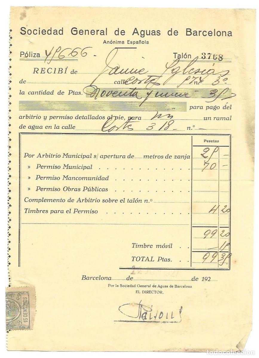 Facturas antiguas: Recibo Sociedad general de Aguas de Barcelona, Junio 1927