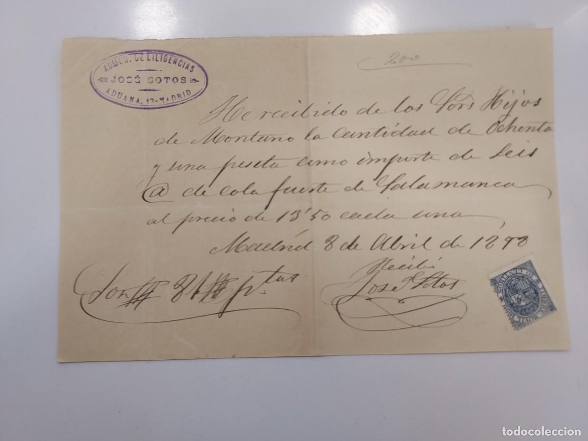 Facturas antiguas: A&ntilde;o 1898 Madrid recibo ADMON. DE DILIGENCIAS JOSE SOTO C, ADUANA A HIJOS DE MONTANO. COLA SALAMANCA