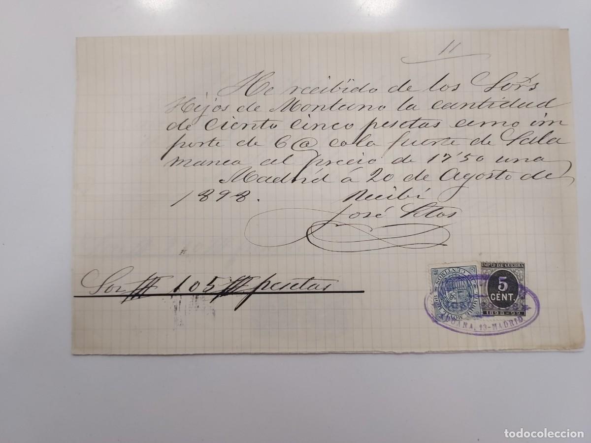 Facturas antiguas: A&ntilde;o 1898 Madrid recibo Jos&eacute; Sotos calle Aduana a Hijos Montano. Cola fuerte de Salamanca