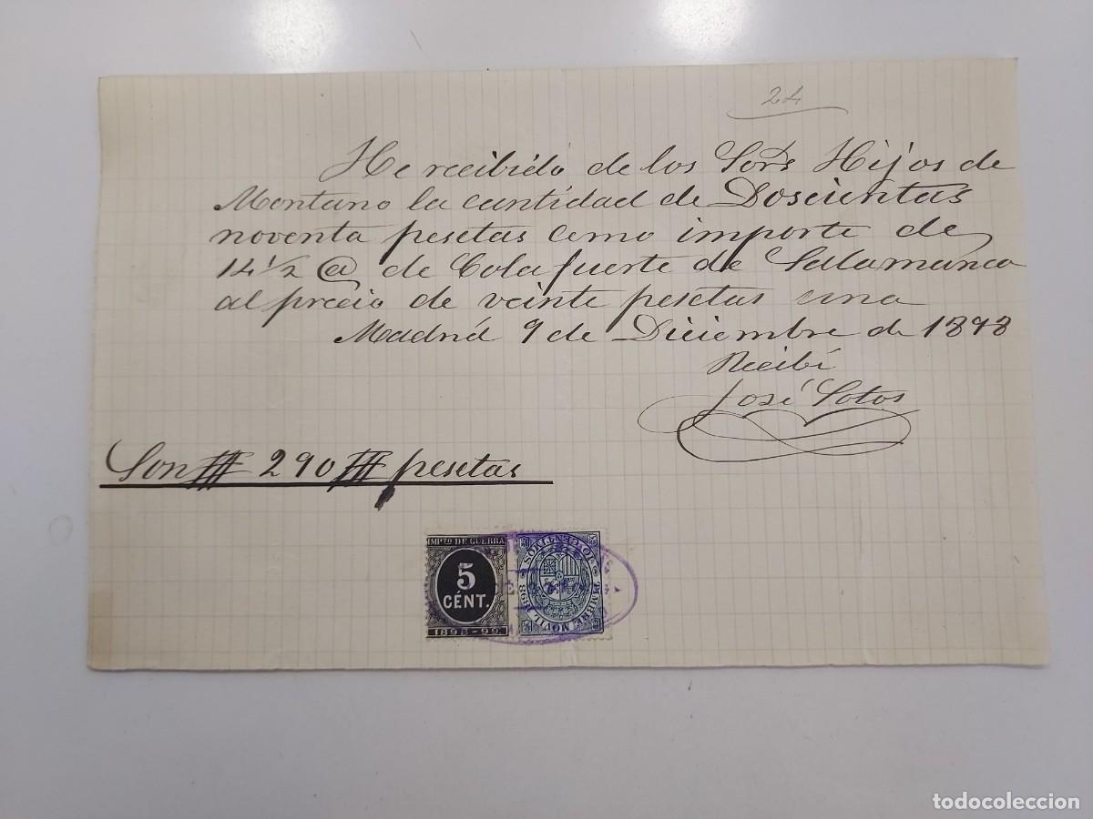 Facturas antiguas: A&ntilde;o 1898 Madrid recibo Jos&eacute; Sotos Diligencias calle Aduana a Hijos Montano. Cola fuerte de Salamanca