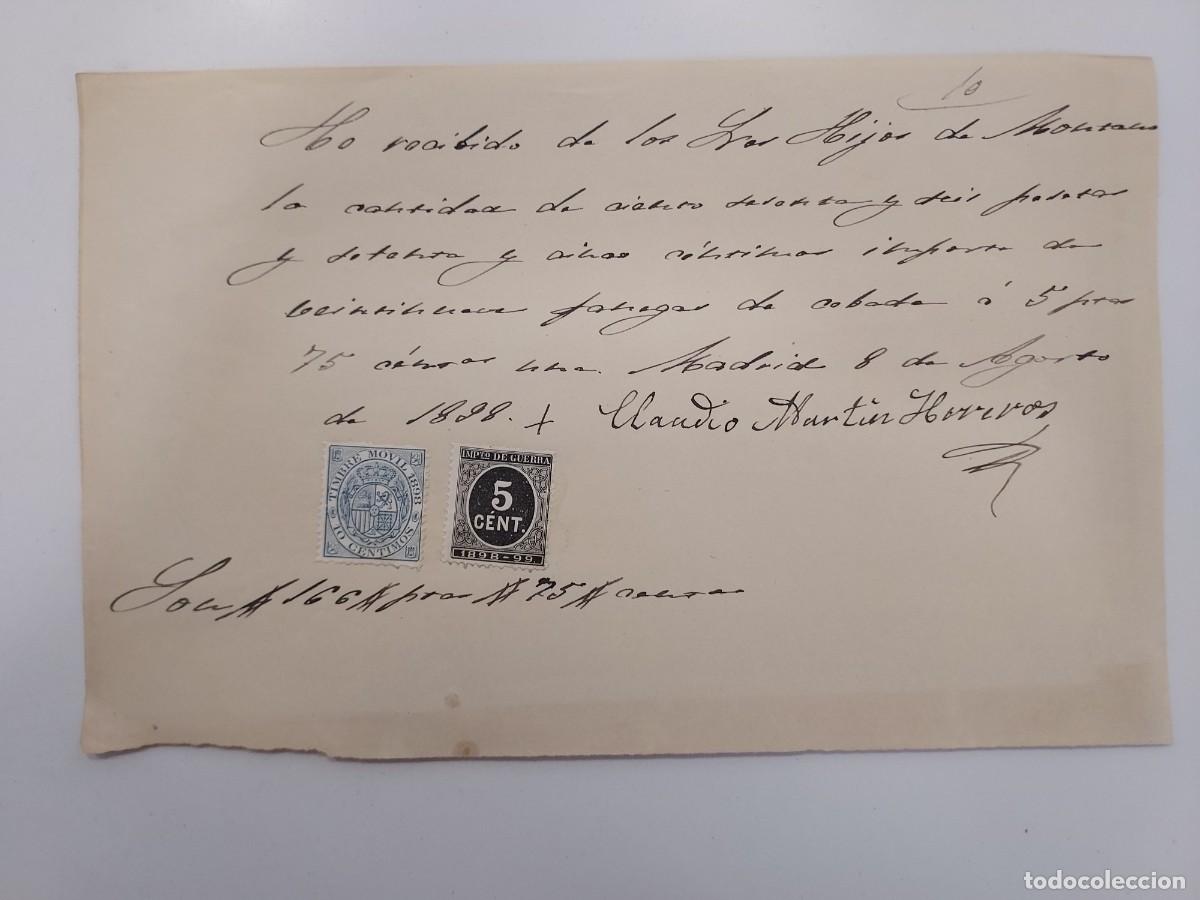 Facturas antiguas: A&ntilde;o 1898 Madrid recibo Claudio Mart&iacute;n Herreros a Hijos Montano. Fanegas de cebada