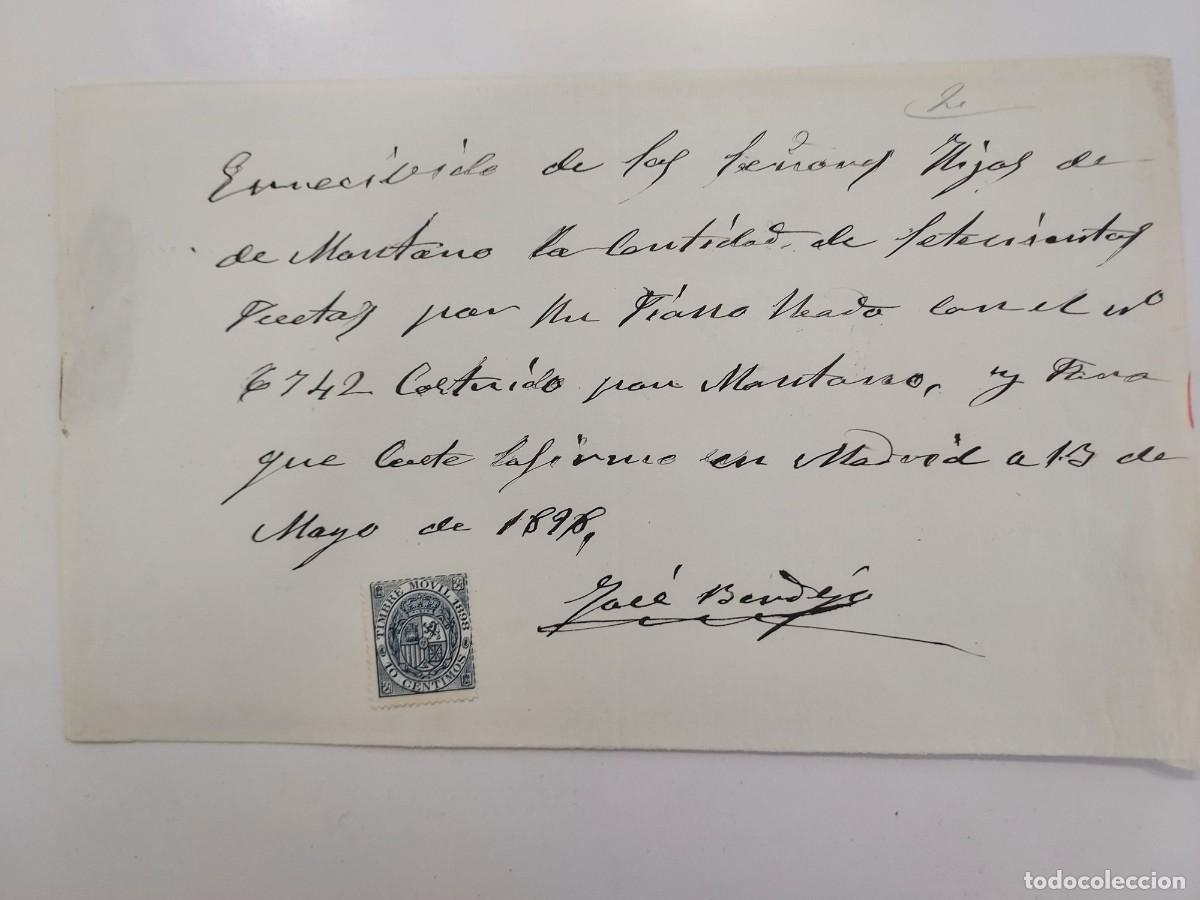 Facturas antiguas: A&ntilde;o 1898 Madrid recibo Jos&eacute; B. a Hijos de Montano. Compra de un piano
