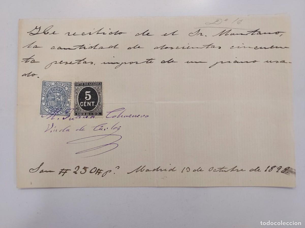 Facturas antiguas: A&ntilde;o 1898 Madrid recibo Colmenero vda de Carlos a Hijos de Montano. Compra piano usado