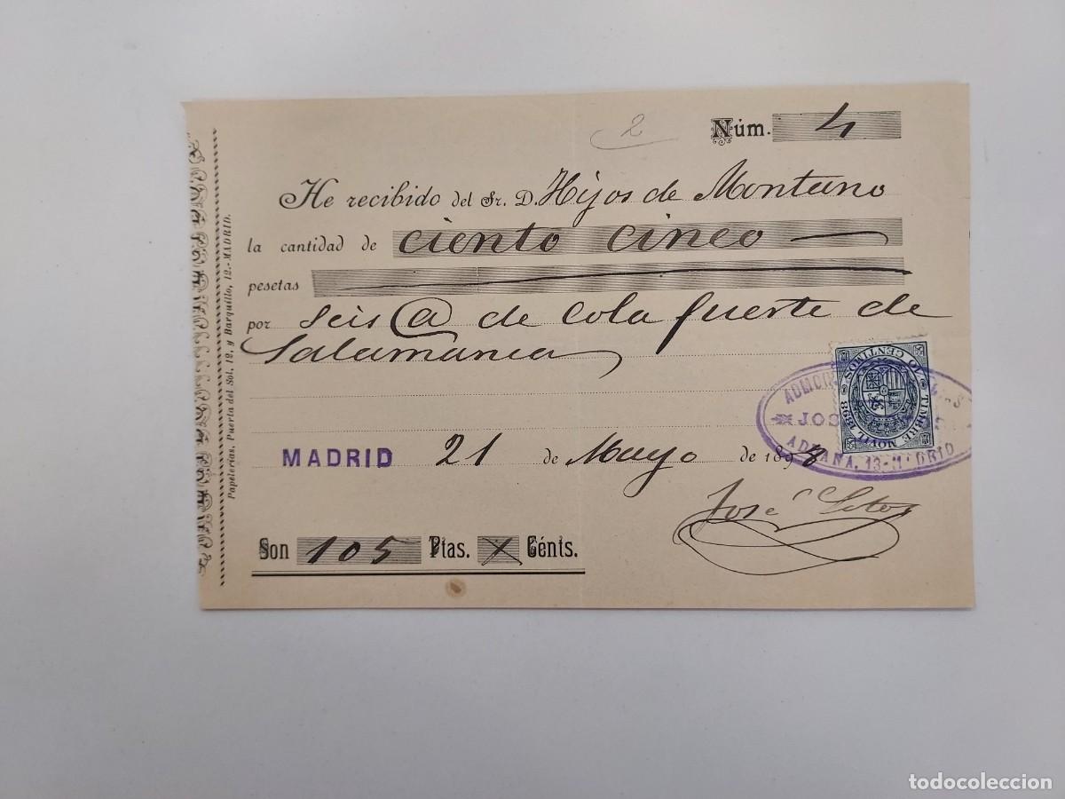 Facturas antiguas: A&ntilde;o 1898 Madrid recibo Jos&eacute; Sotos a Hijos de Montano. Arrobas cola fuerte de Salamanca
