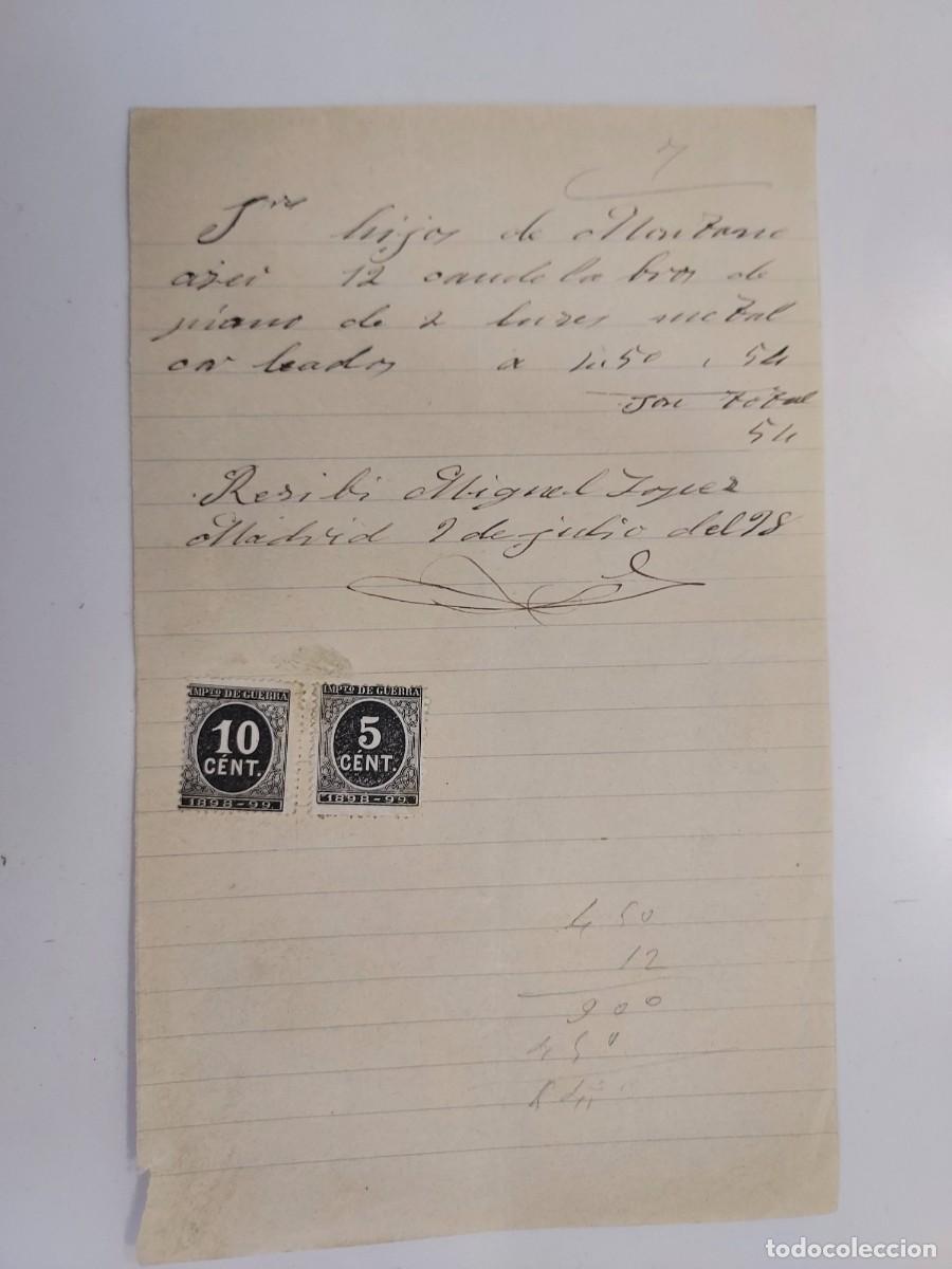 Facturas antiguas: A&ntilde;o 1898 Madrid recibo Miguel L&oacute;pez a Hijos de Montano. Candelabros de piano. Impuesto de Guerra