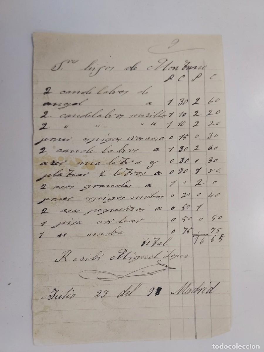 Facturas antiguas: A&ntilde;o 1898 Madrid recibo Miguel L&oacute;pez a Hijos de Montano. Candelabros de piano