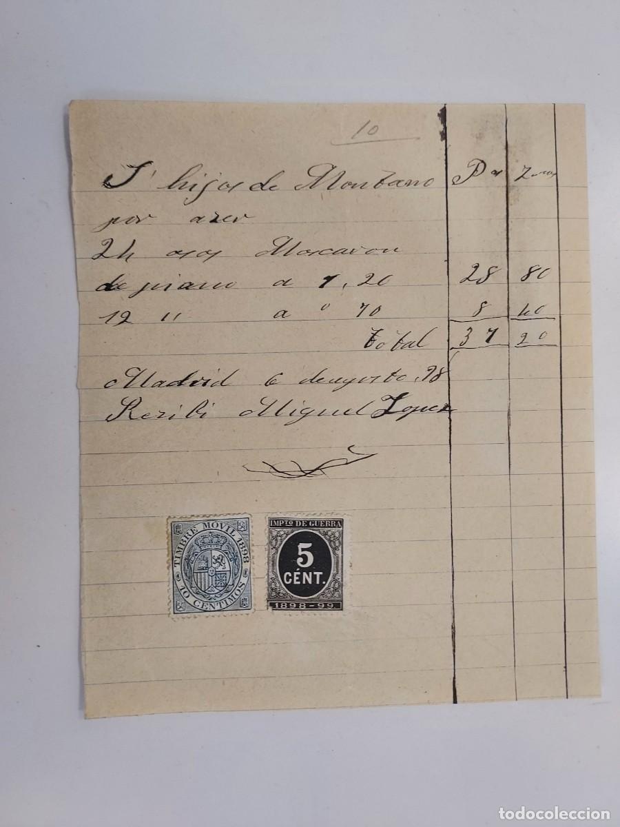 Facturas antiguas: A&ntilde;o 1898 Madrid recibo Miguel L&oacute;pez a Hijos de Montano. Material para piano. Timbre impto guerra