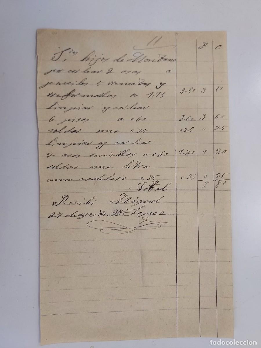 Facturas antiguas: A&ntilde;o 1898 Madrid recibo Miguel L&oacute;pez a Hijos de Montano. Arreglos material piano